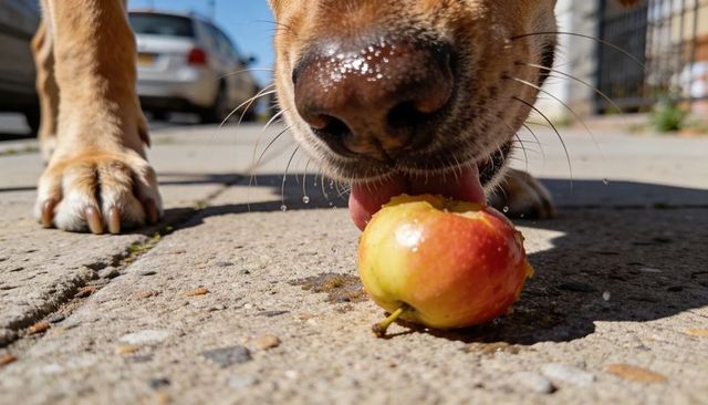 Close-up dog licking bitten apple on sunlit sidewalk with droplet splash and paws