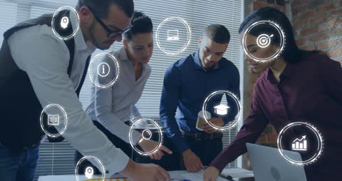 Diverse Business Team Analyzing Data with Global Technology Icons