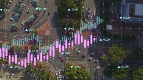 Financial Data Analytics Overlay on Urban Cityscape Illustrating Business Concepts