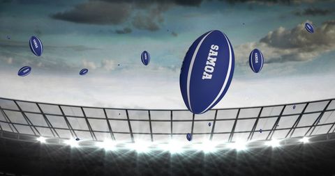 Multiple blue rugby balls floating over stadium field