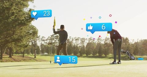 Golfers with Social Media Icons on Sunlit Golf Course