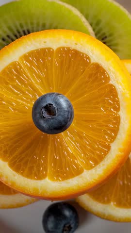 Vertical macro video tracking halved orange slice with blueberry landing on kiwi