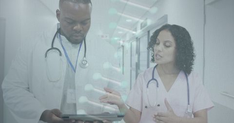 Healthcare Team Discussing Research with Digital DNA Overlay