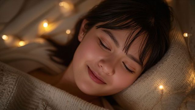 Resting asian teen smiling, wrapped in cream knit blanket with warm fairy lights