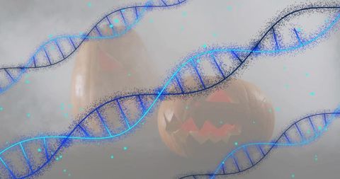 Glowing Jack-o'-lanterns Casting Warm Light Amid Holographic Blue DNA Helixes and Mist