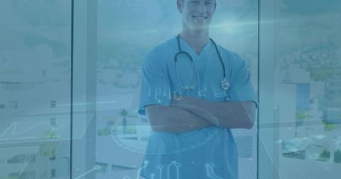 Confident Doctor with Stethoscope and Futuristic Medical Technology Interface