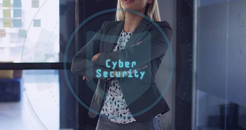 Female executive crossing arms presenting cyber security hud interface in office