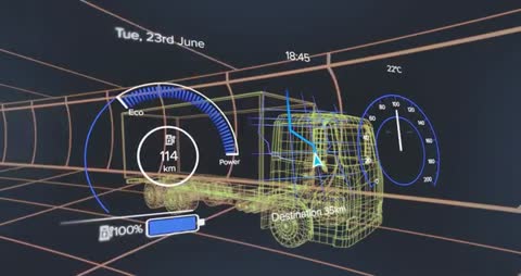 Futuristic Tractor-Trailer HUD Interface Displaying Navigation and Performance Metrics
