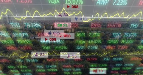Digital financial data overlaid on cityscape, abstract technology background