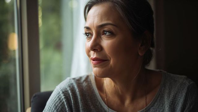 Middle-aged woman gazing through window, reflecting in warm natural light, quiet moment