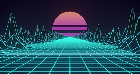 retro futuristic sunset with glowing grid and mountains - Download Free Stock Images Pikwizard.com