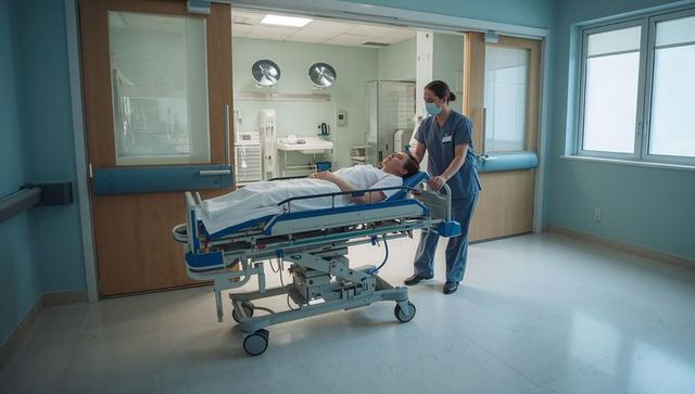 Nurse transporting patient on stretcher through hospital corridor toward operating room