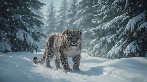 Siberian snow leopard tracking through pristine snowy forest
