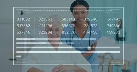 Nurse Assisting Senior Patient with Digital Overlay in Hospital Room