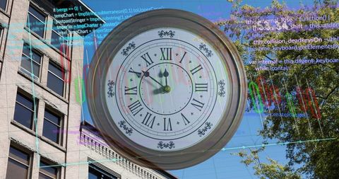 Clock Overlay with Diagrams on Cityscape: Business and Technology - Download Free Stock Images Pikwizard.com