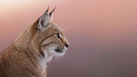 Lynx gazing into sunset with ear tufts and whiskers, soft pink bokeh background