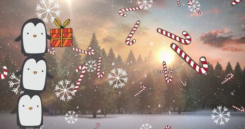 Playful Penguins with Gift in Winter Candy Cane Wonderland