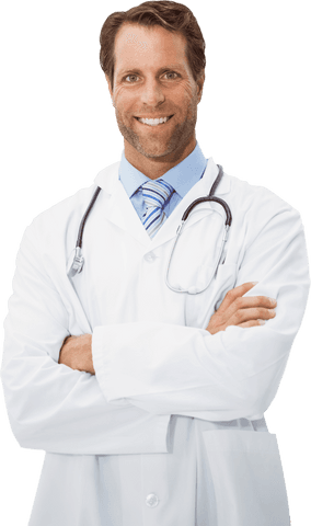 Smiling Male Doctor with Stethoscope in Transparent Setting