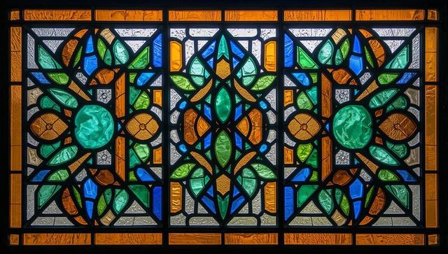 Intricate stained-glass window featuring vibrant patterns