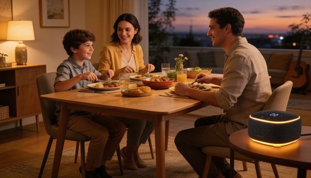 Family sharing cozy dinner around wooden table with glowing smart speaker at sunset