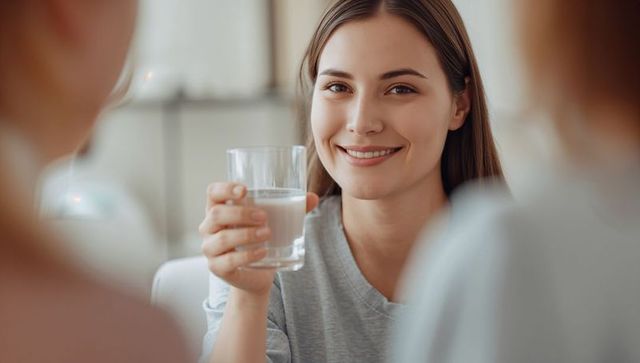 Smiling woman holding glass of water on sofa during cozy casual gathering with friends