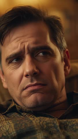 Vertical video of mature man lying on sofa, frowning and tracking eyes in warm light