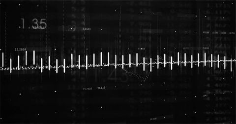 Monochrome waveform analytics dashboard showing vertical bars and dotted trendline overlay