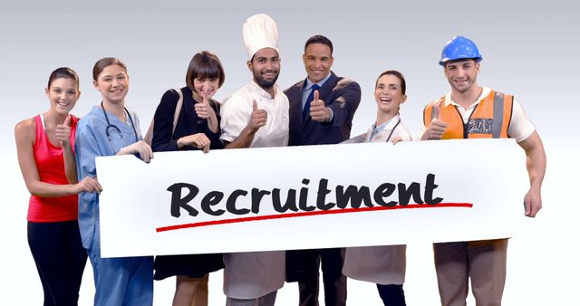 Diverse Professionals Holding Recruitment Sign and Giving Thumbs Up - Download Free Stock Images Pikwizard.com