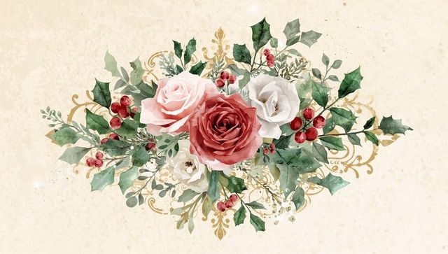 Watercolor Rose Bouquet with Gold Filigree and Holly Berries on Vintage Beige Backdrop