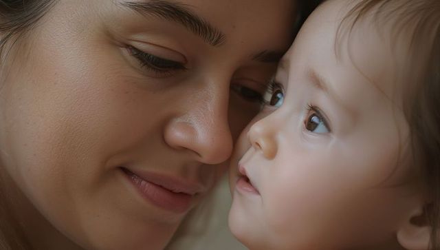 Mother and baby sharing tender closeup gaze in warm natural light, intimate bond