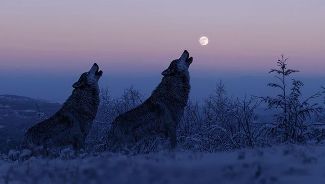 Two wolves howling under full moon on snowy ridge at twilight, frosted pines and moonlight