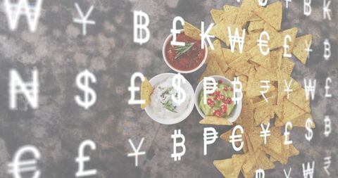 Displaying nachos with salsa, guacamole and sour cream under floating currency symbols concept
