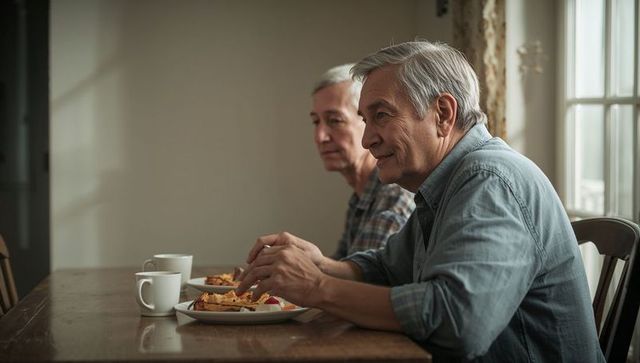 Senior men sharing morning breakfast at home, enjoying companionship and conversation