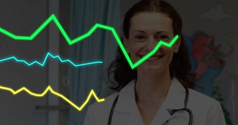 Smiling clinician presenting healthcare analytics with neon line graphs overlay