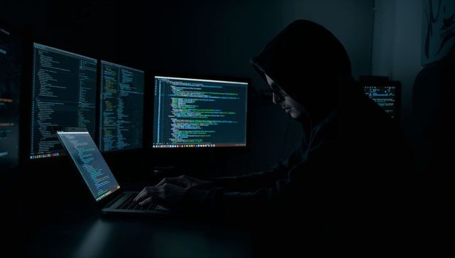 Hooded coder typing at night with three monitors displaying code, cybersecurity setup