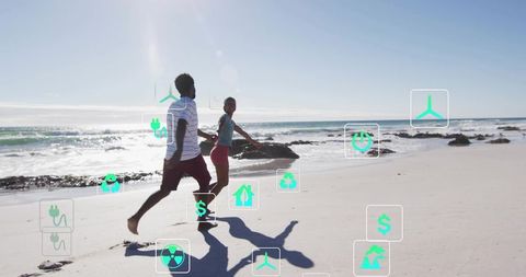 Couple running on sunlit beach with floating green eco icons representing renewables