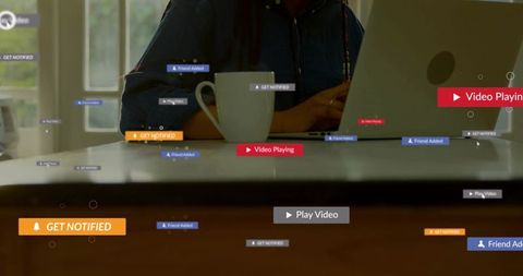 Remote worker typing on laptop with floating notification icons, coffee cup, sunlight