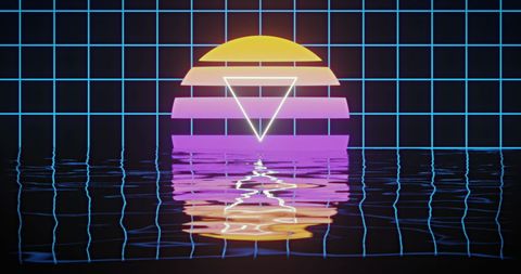 Retro Futurism Digital Sunset with Geometric Shapes