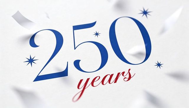 Elegant 250 years anniversary blue serif numerals with red script and starbursts on paper