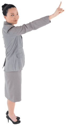 Transparent Businesswoman in Gray Suit Pointing Upwards