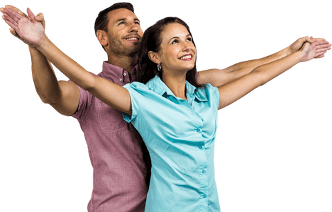 Happy couple with outstretched arms on clear background