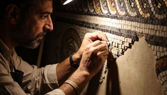 Skilled conservator restoring ancient mosaic with tweezers, close-up artisan hands at work