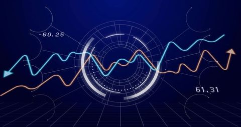 Presenting holographic hud with cyan and orange waveform analytics on dark blue grid