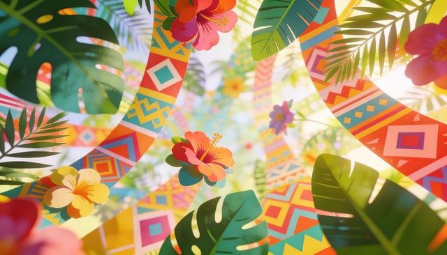Vibrant tropical hibiscus and geometric ribbon canopy with monstera leaves and sunflare