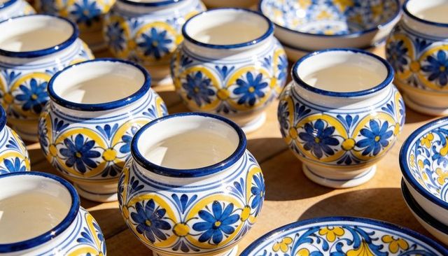 Handpainted blue and yellow ceramic pots floral-pattern glazed pottery on wooden table