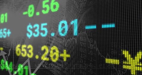 Pixelated neon market ticker displaying stock prices, candlestick chart, digital arrows