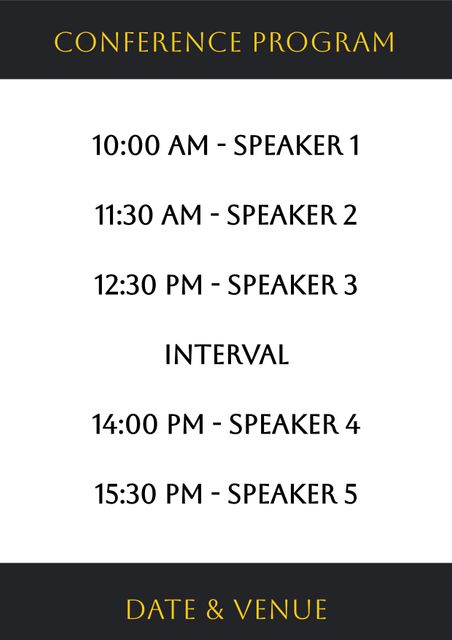 This template is useful for promoting conference event schedules, highlighting speaker sessions, and informing participants of time management. Ideal for business meetings, seminars, educational events, and corporate gatherings. Users can employ it for creating organized and visually clear agendas.