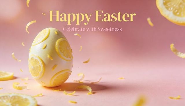 Lemon-decorated easter egg on pastel pink backdrop with citrus peel and happy easter