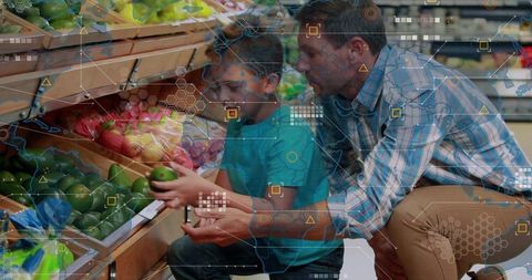 Father guiding son choosing avocados in grocery aisle with augmented reality overlays
