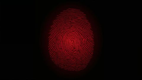 Glowing red fingerprint scanning biometric security concept with halo on black